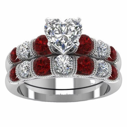 Classic Red Heart Shape 14K White Gold Plated Cubic Zirconia Women's Ring